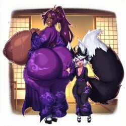 1boy 1girls 2d ahoge ai_generated animal_ears areola areolae ass ass_grab balls big_ass big_balls big_breasts big_butt big_cock big_nipples big_penis big_testicles big_thighs black_hair bleach breasts bubble_butt bulge bulge_through_clothing bulge_under_clothes cock dark-skinned_female dark_skin fox_ears fox_tail foxes_inn gigantic_breasts gigigens ginko_(gigigens) height_difference huge_areolae huge_ass huge_breasts huge_butt huge_nipples huge_thighs japanese_clothes kimono large_areolae large_ass large_breasts large_butt large_nipples large_thighs long_hair looking_at_viewer looking_back looking_back_at_viewer massive_ass massive_breasts massive_butt multicolored_hair nipples original penis penis_bulge ponytail puffy_nipples purple_eyes purple_hair shihouin_yoruichi short_hair size_difference smile straight tabi tail testicles thick_ass thick_butt thick_thighs thighs tongue tongue_out white_hair yellow_eyes
