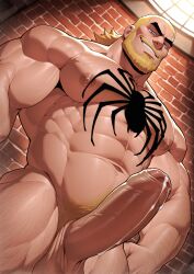 1boy ai_generated bara barazoku cock drvlar eddie_brock gay male male_focus male_only marvel marvel_comics muscular muscular_male penis smug solo venom venom_(marvel) yaoi