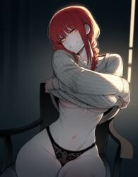 1girls ai_generated black_panties chainsaw_man female female_only makima_(chainsaw_man) panties pinup red_hair shirt_lift solo sweater sweater_lift zloimakak