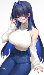 1girls adjusting_eyewear blue_eyes blue_hair blue_pants blunt_bangs blunt_ends breasts closed_mouth clothing_cutout colored_inner_hair commentary denim english_commentary expressionless female female_only glasses hair_intakes hand_up high-waist_pants highres hime_cut hololive hololive_english jeans large_breasts long_hair long_sleeves looking_at_viewer multicolored_hair official_alternate_costume official_alternate_hairstyle oopartz_yang ouro_kronii ouro_kronii_(casual) pants puffy_long_sleeves puffy_sleeves shirt shirt_tucked_in shoulder_cutout sidelocks simple_background sitting sleeves_past_wrists solo torn_clothes torn_jeans torn_pants turtleneck virtual_youtuber white_background white_shirt