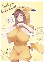 1girls 2026 big_breasts brown_hair glassy0302 hoodie huge_breasts kuraishi_ringo_(glassy0302) overflowing_breasts pikachu_(cosplay) pokemon purple_eyes tagme