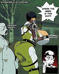 1boy 1girls anger_vein anonymous_male ass behemaid clothed_female clothed_sex cum dead_by_daylight gas_mask holding_phone huge_ass huge_breasts large_ass large_breasts mask massive_ass massive_breasts mechanical_arm nude_male penis pixie_cut sex sex_from_behind short_hair the_skull_merchant thick_thighs