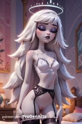 1girls ai_generated artist_name bare_arms bare_shoulders bed bedroom black_lips black_thighhighs blush bra breasts choker closed_eyes collarbone cowboy_shot emily_(hazbin_hotel) eyeshadow female freckles garter_belt grey_hair halo hazbin_hotel hi_res indoors lingerie long_hair makeup medium_breasts navel pale_skin panties panty_pull patreon_username pillow progenarts pussy small_breasts solo standing teeth thighhighs uncensored underwear underwear_only very_long_hair watermark web_address white_bra white_choker white_hair white_panties