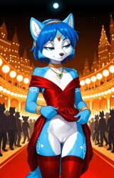 1girls 2026 ai_generated anthro bare_shoulders blue_eyes blue_fur blue_hair body_markings bracelet canine choker crowd dress dress_lift ear_piercing fancy_clothing female female_only flat_chest gold_jewelry half-closed_eyes hi_res innie_pussy jewelry krystal markings necklace night nintendo no_panties pussy red_carpet short_hair smile star_fox thighhighs walking white_fur zonoya_(artist)