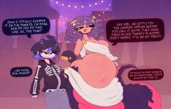 2girls 2women big_belly black_and_blue_hair black_hair black_hands black_hoodie black_jacket black_scales black_sclera blue_hair claws dyed_hair egyptian_clothes fat female_only gorgon lamia red_scales skeleton_costume small_breasts snake_girl snake_hair stel_(mysterydad) stuffing tagme viola_(mysterydad)