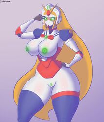 1girls 2019 5_fingers big_breasts blonde_hair breasts cowboy_shot female female_only g_gundam gundam hips hourglass_figure huge_breasts humanoid large_breasts long_hair looking_at_viewer machine mecha mobile_suit nobel_gundam presenting pussy robot robot_girl saidra simple_background solo solo_female standing tagme thick thick_thighs thighs thunder_thighs v voluptuous white_skin wide_hips