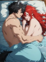 1boy1girl after_orgasm after_sex after_vaginal ai_generated arm_around_partner big_ass big_breasts black_hair female hunwolf long_hair mature_female muscular_male original original_character original_characters red_hair resting sexy_female short_hair sleeping sleeping_nude sleeping_together thick_thighs tired voluptuous voluptuous_body voluptuous_female wolf_boy wolf_ears wolf_humanoid wolf_tail