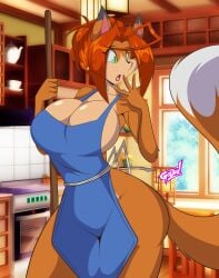 1girls anthro apron breasts brown_fur cleavage female female_only fox furry huge_breasts mastergodai naked_apron orange_hair rascals solo surprised takari_(mastergodai) thick_thighs wide_hips