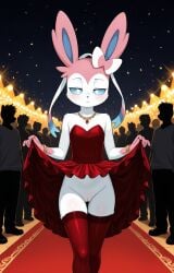 1girls 2026 ai_generated anthro blue_eyes bracelet crowd dress dress_lift eeveelution fancy_clothing female female_only generation_6_pokemon gold_jewelry half-closed_eyes hi_res innie_pussy jewelry necklace night nintendo no_panties pink_fur pokemon pokemon_(species) pussy red_carpet sylveon thighhighs unamused walking white_fur zonoya_(artist)