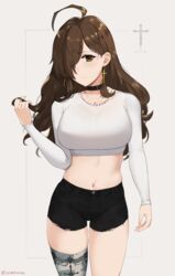 ahoge brown_hair choker cleavage crop_top earrings fully_clothed hot_pants kono_subarashii_sekai_ni_shukufuku_wo! large_breasts midriff sendrawz thighhighs tight_clothing white_shirt wiz_(konosuba) yellow_eyes