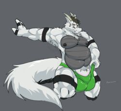 absurd_res armpit_hair azuracoon belly body_hair clothing dragon fur furred_dragon hi_res horn male male_only musclegut muscular nipples pecs rubber scaly_belly sketch_the_derg solo thong underwear