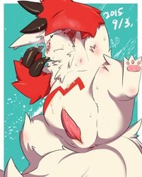 1boy 2015 anthro armpits belly blush bodily_fluids chubby cum cum_on_stomach erection eye_contact furry genital_fluids half-closed_eyes korokke1984 korokke_tw looking_at_viewer male male_only mammal moobs nintendo nipples overweight overweight_male penis pokémon_(species) pokemon pokemon_(species) pokemon_rse slit solo text thick_thighs video_games wide_hips zangoose