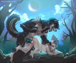 bodily_fluids canid canine cum forest genital_fluids hi_res indominusssd looking_pleasured mammal sylas_(sylasdoggo) tree were werecanid werecanine werewolf xenoguardian ych_(character)