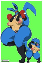 2girls 4_fingers absurd_res anthro big_breasts boxing_gloves breasts chubby clothing curvy_figure duragon fingers half-closed_eyes handwear hi_res huge_ass huge_breasts larger_female looking_at_viewer lucario multiple_girls nintendo original_character plump_labia pokemon pokemon_(species) pokemon_dppt pussy riolu shortstack size_difference smaller_female text thick_thighs video_games voluptuous watermark wide_hips