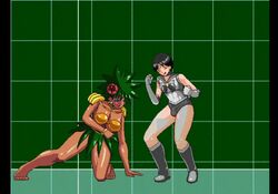 1boy 1girls 78_(tky8) animated ass avogadora balls barefoot bishoujo_senshi_sailor_moon black_hair black_moon boots bottomless breasts breasts_on_head clothing cowgirl_position crossdressing cum cum_drip cum_in_pussy cum_inside cum_pool dark-skinned_female dark_skin droids exposed_breasts eyeshadow face_in_breasts female female_penetrated flower_in_hair gif girl_on_top grass_skirt green_hair grid_background humanoid large_ass large_breasts male medium_breasts monster_of_the_day nude pixel_art sailor_moon_(cosplay) sailor_suit size_difference straight trap trembling villainess