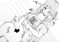 bench braid censored faye_(fire_emblem) female fire_emblem fire_emblem_echoes:_shadows_of_valentia greyscale heart heart_censor highres long_hair masturbation monochrome one_eye_closed open_mouth panties panties_around_one_leg sakurayu_haru short_sleeves sitting solo twin_braids underwear