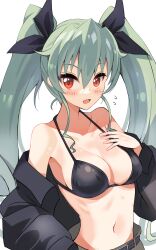 anchovy_(girls_und_panzer) bare_shoulders belt bikini black_bikini black_ribbon black_shirt blaze_(blazeillust) blush breasts female girls_und_panzer green_hair green_pants highres light_blush long_hair long_sleeves looking_at_viewer medium_breasts midriff navel off_shoulder pants red_eyes ribbon shirt simple_background smile swimsuit twintails