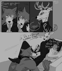 beastars blush bodily_fluids bondage canid canine canis cervid cervine clothed clothing collar comic deep_throat dialogue fellatio footwear foreskin hi_res leash leash_pull legoshi_(beastars) louis_(beastars) male male/male male_only mammal monochrome nekokat42 oral penile penis petplay red_deer roleplay saliva sex shoes size_difference small_dom_big_sub submissive submissive_male suit sweat teenager topless wolf young