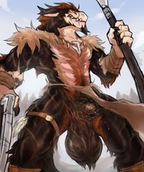 absurd_res animal_genitalia anthro bai_(laobai) balls bodily_fluids brown_balls brown_body brown_fur brown_hair erection felkin fully_sheathed fur genital_fluids hair hi_res jewelry laobai low-angle_view male male_only melee_weapon necklace polearm precum sheath solo spear tan_body tan_fur weapon