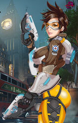 anus breasts brown_eyes brown_hair ed_product glasses gloves gun latex lips overwatch plasma_gun tracer