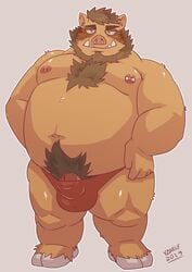 2019 absurd_res anthro belly blush bulge clothing hi_res humanoid_hands humanoid_penis male male_only mammal moobs navel nipples overweight overweight_male penis pubes solo suid suina sus_(pig) underwear v2wolf wild_boar