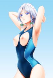 armpits arms_up bangs bare_arms blue_background blue_eyes blue_swimsuit bow braid breastless_clothes breasts closed_mouth colored_eyelashes commentary_request competition_swimsuit cowboy_shot female gradient gradient_background green_bow hairbow highres kujikara_(16079917) lips maid_headdress medium_breasts nipples one-piece_swimsuit parted_bangs sakuya_izayoi silver_hair solo swimsuit touhou twin_braids