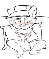 anthro blush bodily_fluids erection fingers fur furry genital_fluids headgear holding_penis humanoid_penis league_of_legends looking_at_viewer male male_only mammal nude penis precum recon_scout_teemo riot_games simple_background smile solo teemo testicles tuft veigar-chan yordle