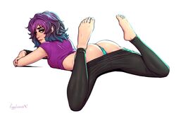 1girls andavaverse ass barefoot blue_eyes clothed eyebrow_piercing feet female figgylicious highres leggings leggings_down light-skinned_female light_skin looking_at_viewer lying on_stomach pelo purple_hair solo t-shirt thong toes