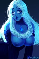 1girls areolae big_breasts blue_diamond_(steven_universe) blue_eyes breasts breasts_out cartoon_network cleavage crying crying_with_eyes_open diamond_authority erect_nipples female female_only gem_(species) long_hair looking_at_viewer lui-ra mostly_nude nipples sad simple_background solo steven_universe tears