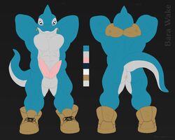 2019 5:4 absurd_res animal_genitalia animal_penis anthro anthro_only ass balls biceps black_background blue_eyes boots clothing diphallia diphallism fish footwear footwear_only furry gloves hands_behind_head handwear hemipenes hi_res leather marine model_sheet mostly_nude multi_penis muscular no_humans nude pecs penis shark shoes shoes_only simple_background tall teeth tjloog wake wake_(artist)