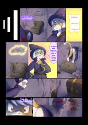 2019 anthro arcanis_(hahaluckyme) ass avoid_posting backsack balls bent_over biped calico_cat cave clothed clothing comic detailed_background dialogue digital_media_(artwork) dipstick_tail domestic_cat duo english_text felid feline felis fur hair hat headgear headwear hi_res inside leg_markings male mammal markings mimic multicolored_body multicolored_fur multicolored_tail saucy short_hair smug socks_(marking) sound_effects speech_bubble surprise text white_hair witch_hat