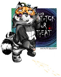 2015 anthro bottomwear clothing halloween hi_res holidays hoodie humanoid_hands humanoid_penis korokke1984 korokke_tw male male_only mammal pants penis procyonid raccoon solo text topwear