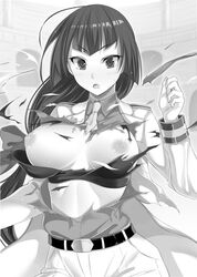 black_hair blush breasts enf female female_only human kuchidome_no_gohoubi_wa_dansou_otome_to_ichaero_desu! large_breasts long_hair monochrome open_mouth orochi_itto solo standing torn_clothes wardrobe_malfunction