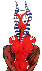 1girls alien breasts cloak clothing facial_markings female female_only looking_at_viewer medium_breasts nipples open_cloak open_clothes parted_lips partially_clothed red_skin shaak_ti simple_background skinny solo star_wars tattoo teeth togruta undressing white_background xulia