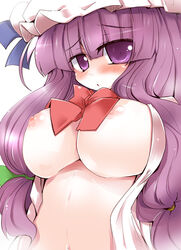 blush breasts female female_only hat huge_breasts human long_hair nipples open_clothes open_shirt patchouli_knowledge purple_eyes purple_hair shirogane_(platinum) shirt solo touhou