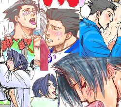 artist_otapyon gay gyakuten_saiban male male_only miles_edgeworth miteiya/otapyon mitsurugi_reiji multiple_boys naruhodou_ryuuichi narumistu oral phoenix_wright tagme wrightworth yaoi