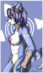 2008 4_fingers anthro black_nose blue_eyes blue_fur blue_hair breasts choker color female female_only fox fur furry furry_breasts furry_ears furry_tail hair krystal looking_left nipples nude open_eyes pointy_ears short_hair side_view solo standing star_fox tail white_fur