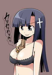 1girls animal_between_breasts between_breasts black_eyes black_hair blue_eyes blue_hair bra breasts celebi_ryousangata cross crumbs eating female grimace kannagi lace-trimmed_bra large_breasts lingerie long_hair nut_(fruit) simple_background squirrel sweatdrop underwear zange