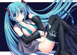 1girls blue_eyes blue_hair blush breasts censored convenient_censoring convenient_leg detached_sleeves female female_only hatsune_miku kageira long_hair necktie no_bra open_clothes open_shirt panties panty_pull shirt side-tie_panties skirt skirt_around_one_leg solo thighhighs tied_hair twintails underwear undressing very_long_hair vocaloid