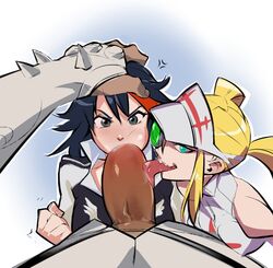 1boy 2girls black_hair blonde_hair blue_eyes collaborative_fellatio dark_skin fellatio forced gamagoori_ira green_eyes hakodate_omiko highlights kill_la_kill large_penis licking long_hair looking_at_viewer matoi_ryuuko multicolored_hair multiple_fellatio multiple_girls optionaltypo oral penis penis_lick pov puffed_cheeks scope sharp_teeth short_hair studio_trigger teamwork thick_penis tied_hair twintails visor_cap