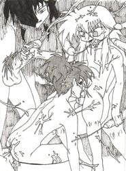 cum double_anal gay group_sex hakudoshi handjob insertion inuyasha kohaku_(inuyasha) male male_only monochrome multiple_insertions naraku oral orgy sketch spitroast trainer trainer_(artist) yaoi