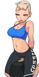 2d 34no404 bike_shorts blonde_hair blue_eyes breasts cassie_cage cleavage clothed_masturbation clothing eyebrows eyeshadow female large_breasts lips makeup masturbation midriff mortal_kombat mortal_kombat_x navel open_mouth pussy_juice solo sports_bra straddling sunglasses sunglasses_on_head vibrator wooden_horse