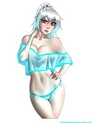 absurdres bare_shoulders blush breasts cropped_legs female highres large_breasts long_hair looking_at_viewer navel_piercing orange_eyes original panties ponytail ronindude silver_hair simple_background solo tied_hair underwear uneven_eyes white_background