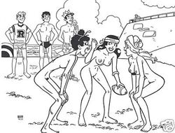 3boys 3girls archie_andrews archie_comics beach beach_umbrella betty_cooper black_and_white clothed_male_nude_female david_farley ethel_muggs football_(american) hands_on_hips hat headband ice_cream_cone jughead_jones licking mouth_open ponytail reggie_mantle sand swimsuit tied_hair tongue_out topless veronica_lodge watching watermark