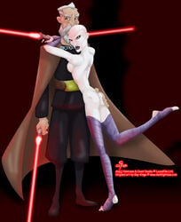 1boy 1girls age_difference asajj_ventress ass_grab back bald beard breasts cape clone_wars clothed clothed_male clothing count_dooku darklightsun dathomiri duo eyelashes facial_hair female front_view fully_clothed grey_hair groping holding holding_object holding_sword holding_weapon hugging interspecies leg_up legwear lightsaber lips lipstick looking_away male old_man older_male red_background red_lightsaber signature simple_background sith small_breasts standing standing_on_one_leg star_wars straight sword thin_waist toeless_legwear toes url violet_lipstick white_body wraps younger_female