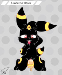 black_fur color eeveelution female female_only front_view fur furry insertion kneeling nintendo no_humans pokemon pokemon_(species) popsicle popsicle_in_pussy popsicle_insertion psyredtails pussy_juice solo tagme umbreon