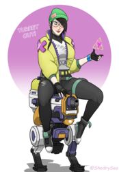 breast breasts cap clothed glasses green_beanie killjoy_(valorant) partially_fingerless_gloves ripped_pants shadrysea solo turret valorant yellow_jacket