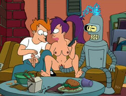 2boys bender_bending_rodriguez breasts female futurama mole mole_(artist) philip_j_fry photoshop purple_hair robot turanga_leela