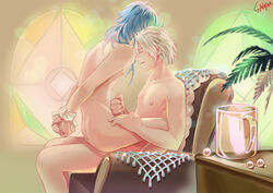 2boys bead blue_hair chair clear_(dramatical_murder) dramatical_murder gay glass handjob long_hair male male_only multiple_boys nitro+_chiral nude penis sagua_(artist) seragaki_aoba short_hair sitting sitting_on_lap sitting_on_person stained_glass straddle straddling tied_up upright_straddle white_hair yaoi