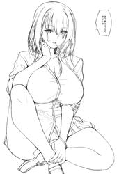 big_breasts breasts female looking_at_viewer takeda_aranobu text thick_thighs thighs white_background